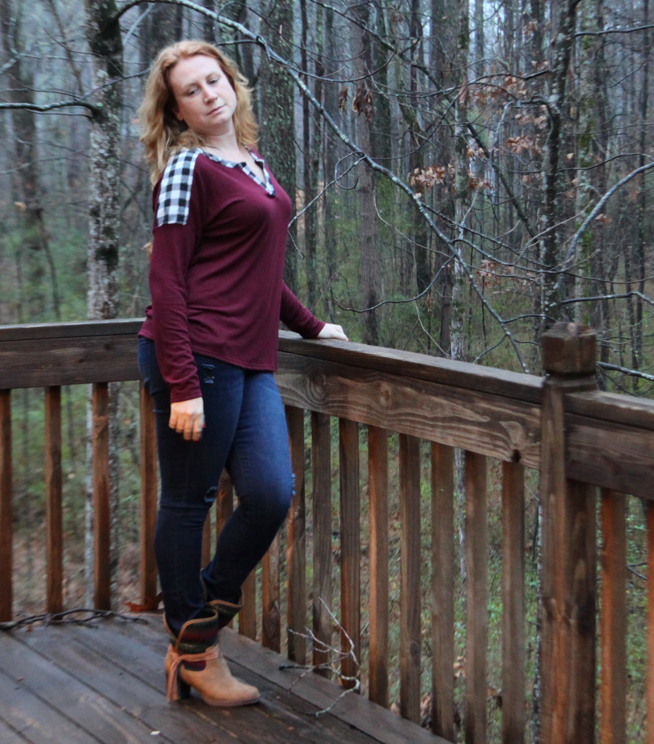 I've worn this great top once. Time to Work it! Outfit: Le Lis Taley Split Neck Knit Top from Stitch Fix . Dark Destructed Skinny jeans and an older top from . JustFab boots (USE MY REFERRAL CODE TO SAVE $).