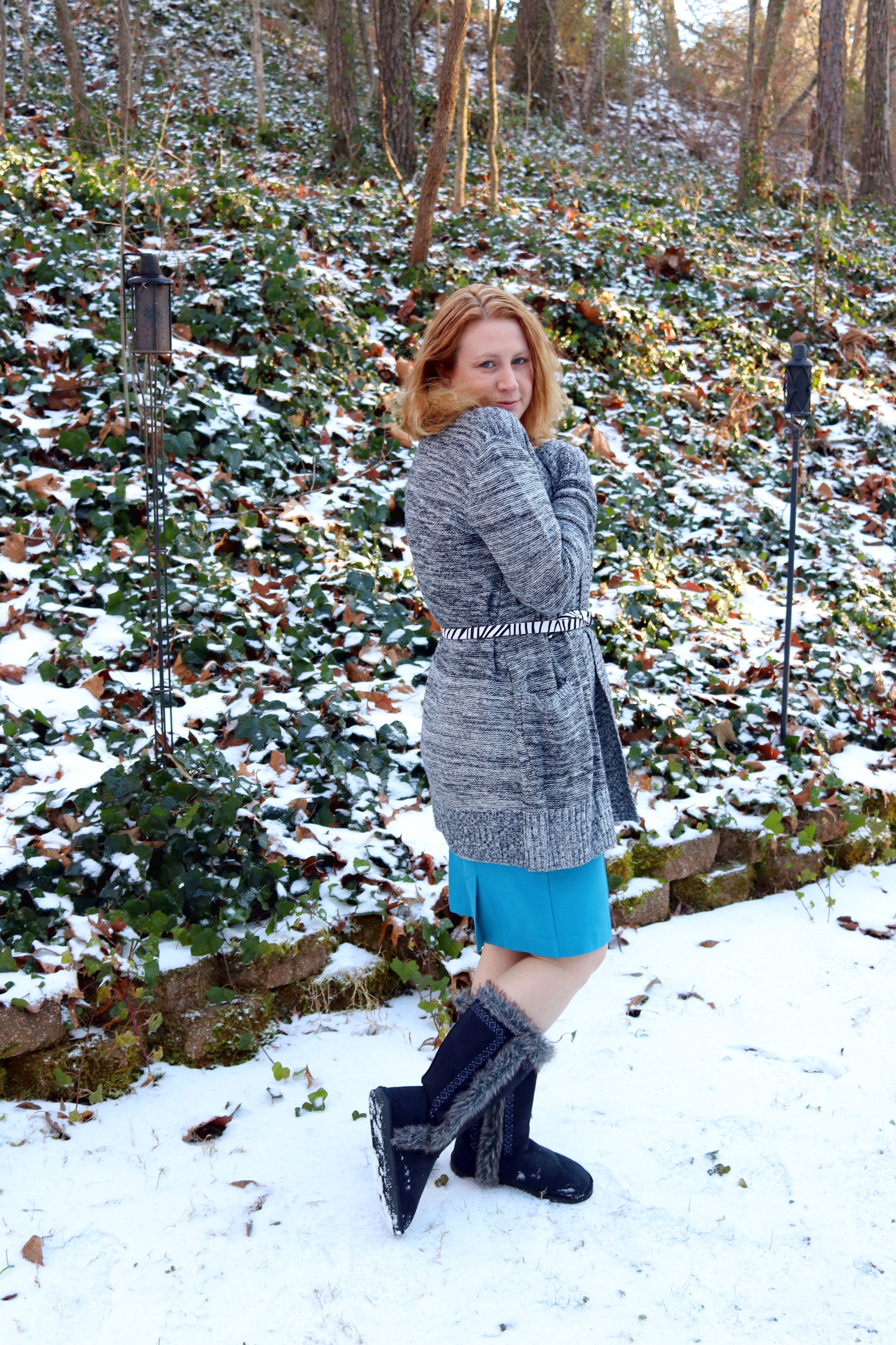 Sigourney skirt, Zebra belt, and Bowie Tee from cabi clothing Fall 2016. Fuzzy boots from JustFab .