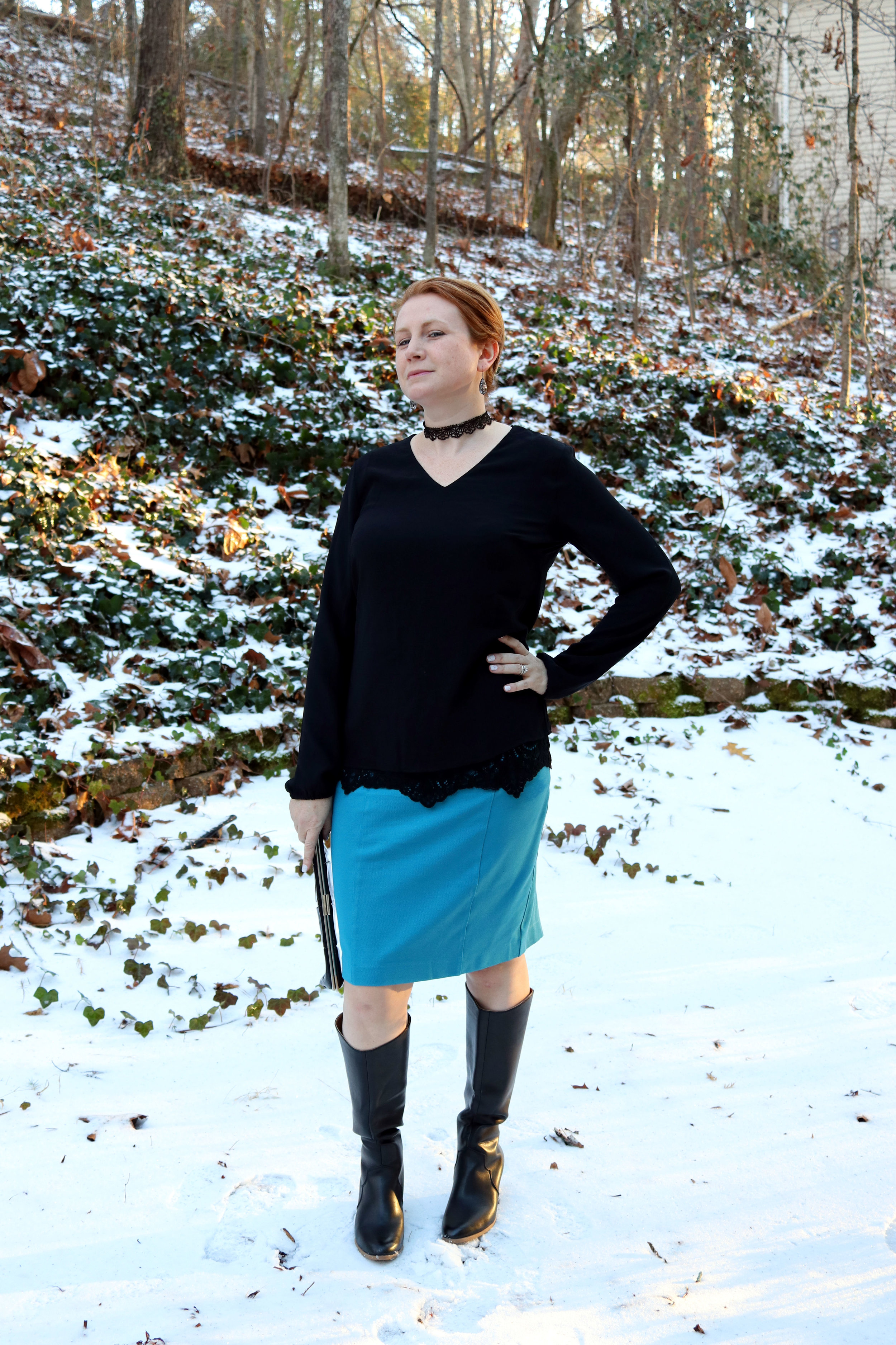 Sigourney skirt and Tempest Blouse from cabi clothing Fall 2016. Boots and choker from JustFab. Clutch older.
