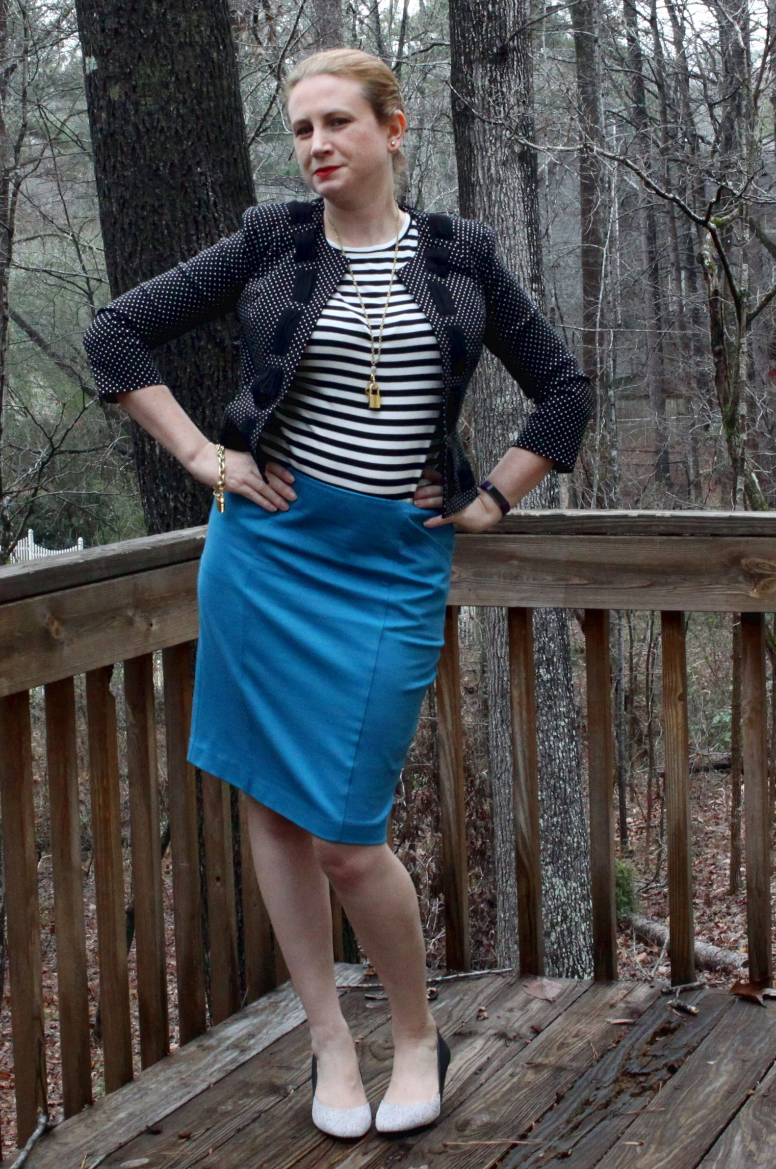 Sigourney skirt from cabi Fall 2016. Bistro Tee , Dot Jacket , Lock & Key Necklace , and Lock & Key Bracelet from cabi clothing Spring 2017. Shoes are from Stitch Fix .