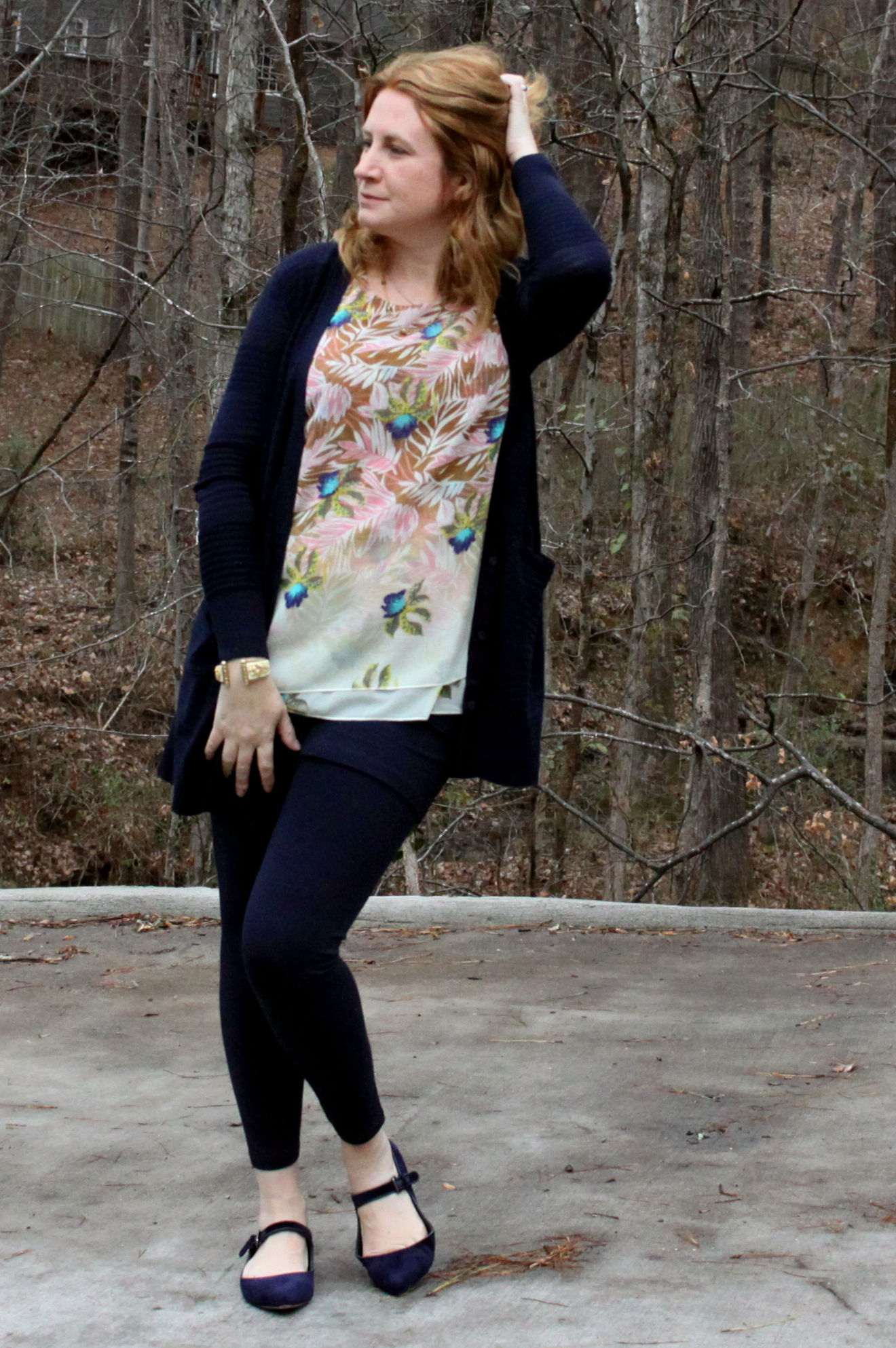 Outfit: M’Leggings, Classic Cardigan , Parlor Top, Sea Knot Necklace , and the Seahorse Cuff from cabi Spring 2017, with Pointed Mary Jane Velvet Flats from Canvas by Lands' End.