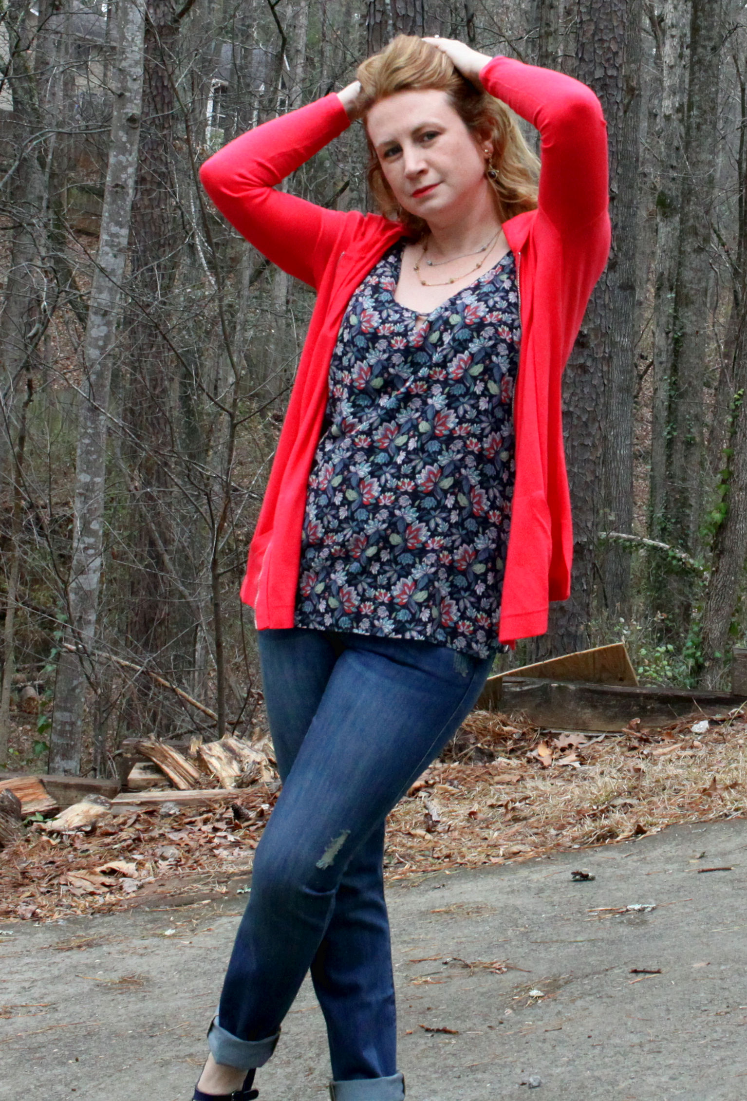 Beachcomber Hoodie, Mojave Slim Boyfriend , Flirt Cami , and the Sea Knot Necklace from cabi Spring 2017 and the with Pointed Mary Jane Velvet Flats from Canvas by Lands' End.