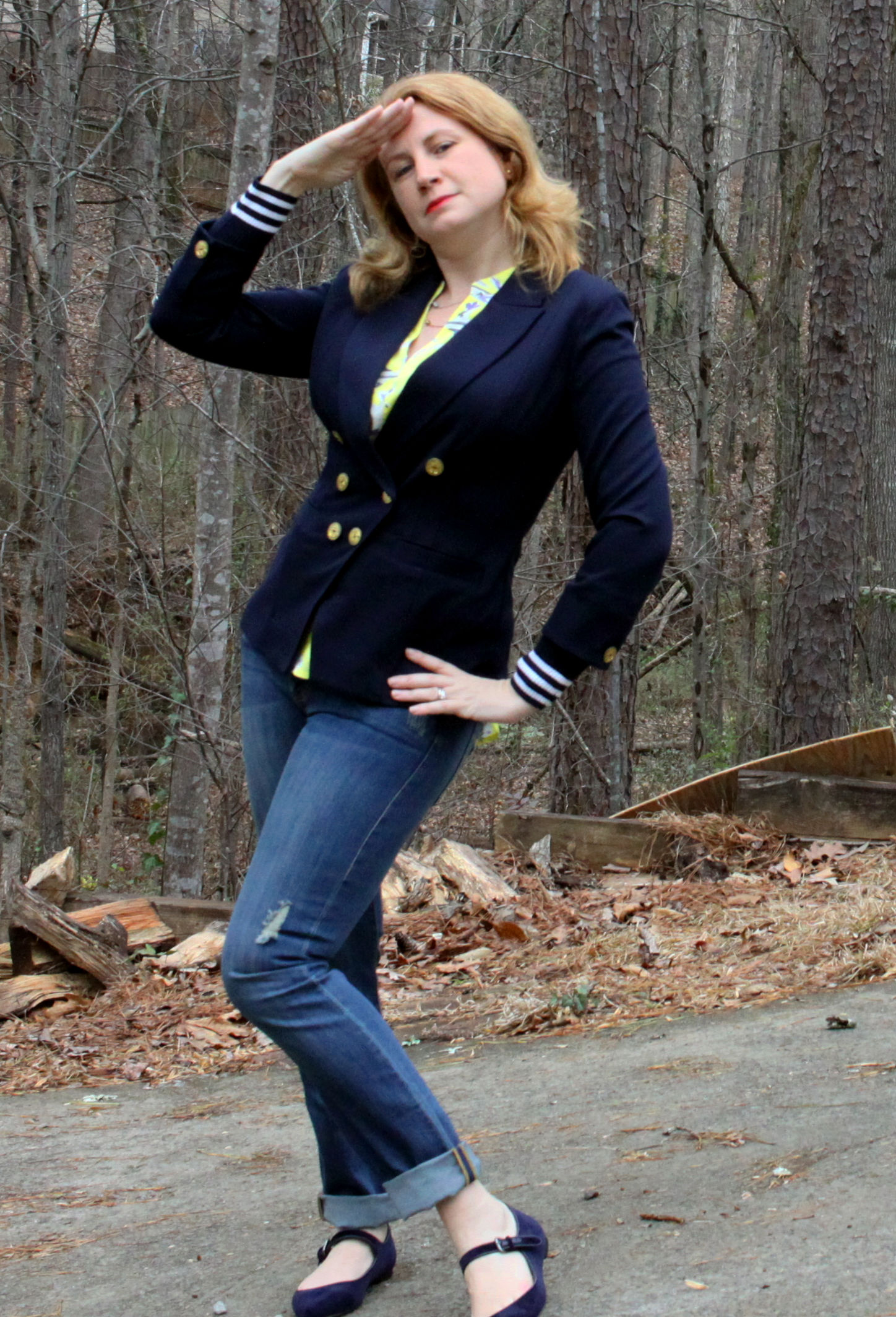 Grand Slam Blazer , Mojave Slim Boyfriend jean, Sea Knot Necklace , and the New Stevie Top from cabi Spring 2017 and the with Pointed Mary Jane Velvet Flats from Canvas by Lands' End.
