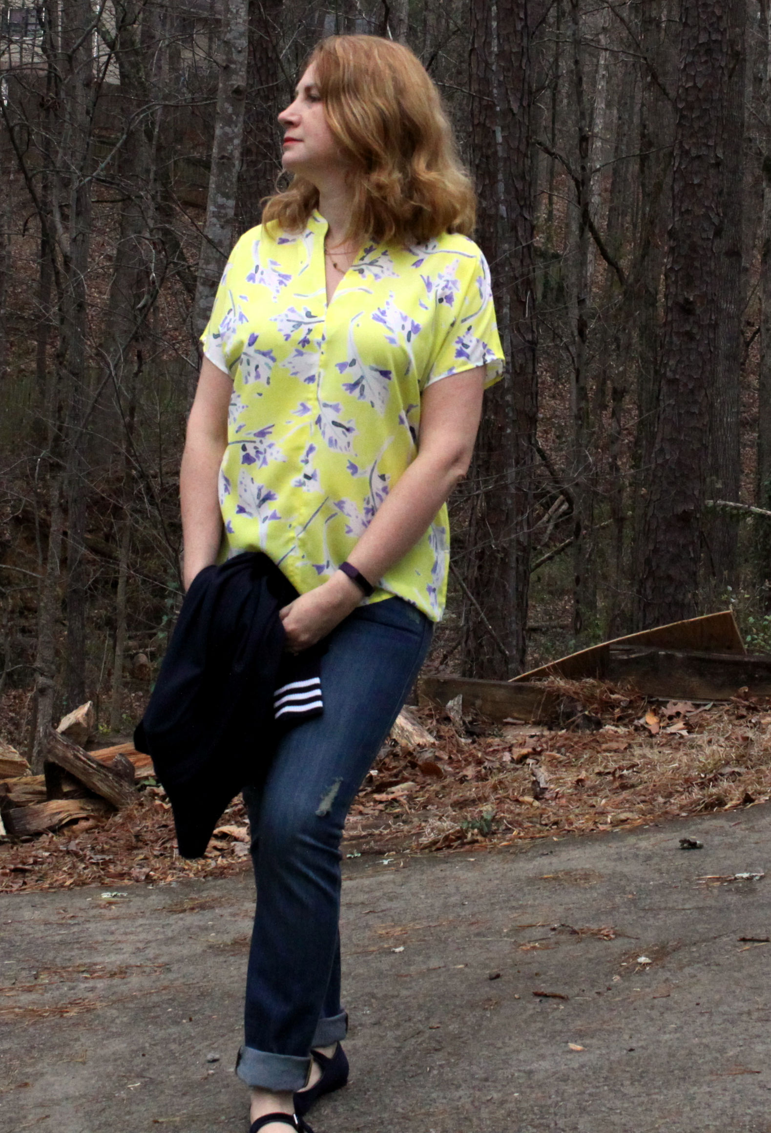 Grand Slam Blazer , Mojave Slim Boyfriend jean, Sea Knot Necklace , and the New Stevie Top from cabi Spring 2017 and the with Pointed Mary Jane Velvet Flats from Canvas by Lands' End.