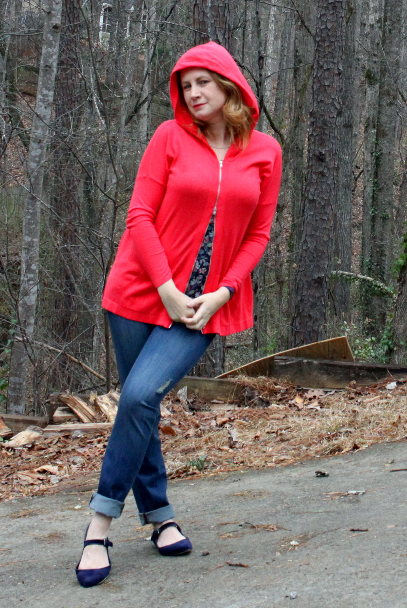 Beachcomber Hoodie, Mojave Slim Boyfriend , Flirt Cami , and the Sea Knot Necklace from cabi Spring 2017 and the with Pointed Mary Jane Velvet Flats from Canvas by Lands' End.