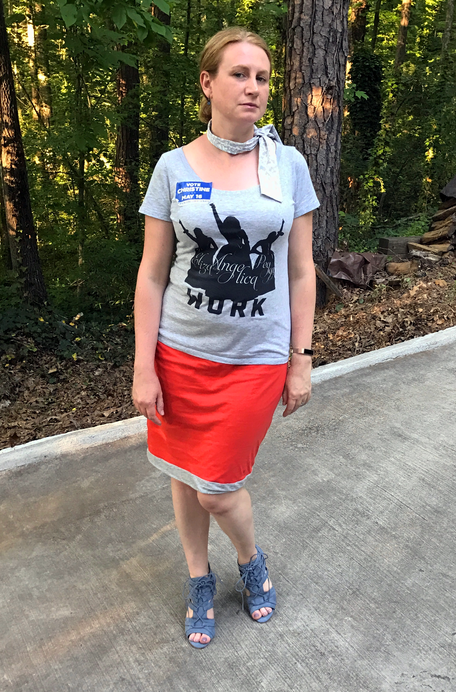 Target scarf, Hamilton Tee shirt (from NYC show), cabi reversible skirt (older), Nedala sandal from JustFab.