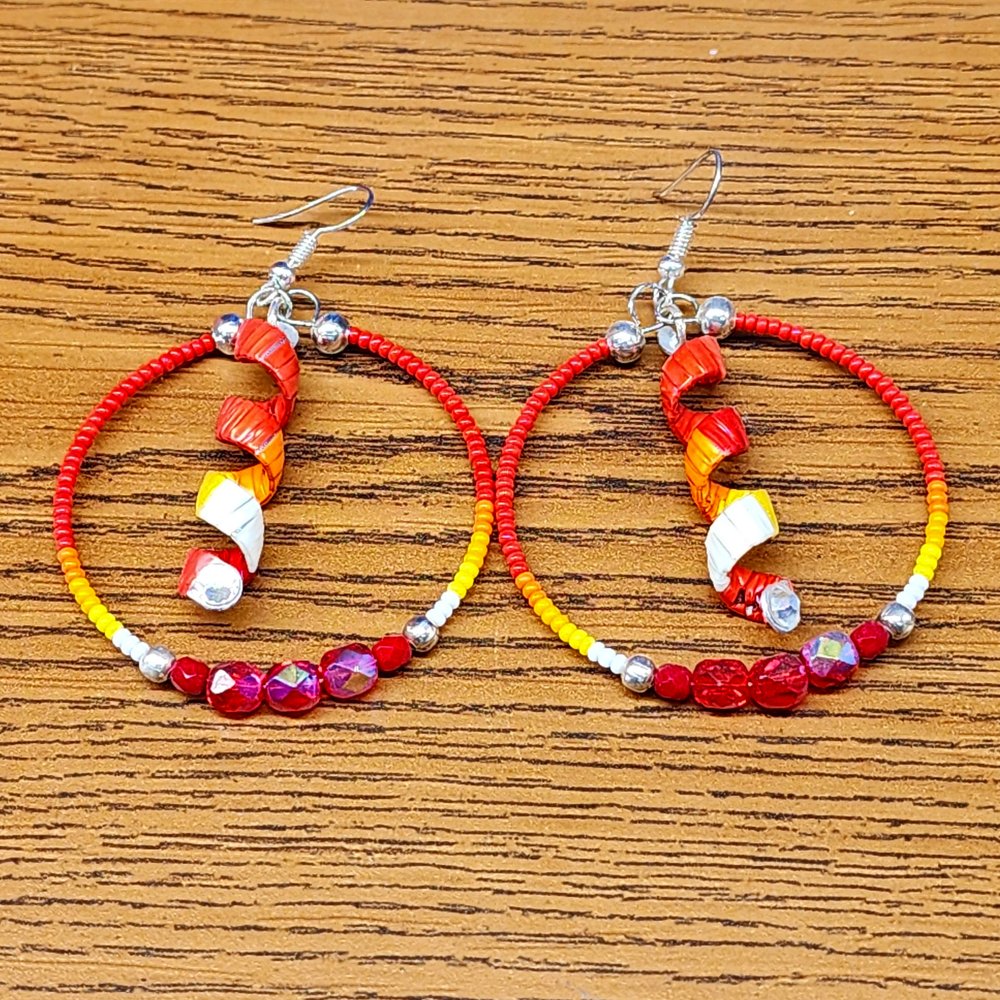 Beaded Hoops With Quill Spiral Earrings - Red — Singing Horse Trading Post