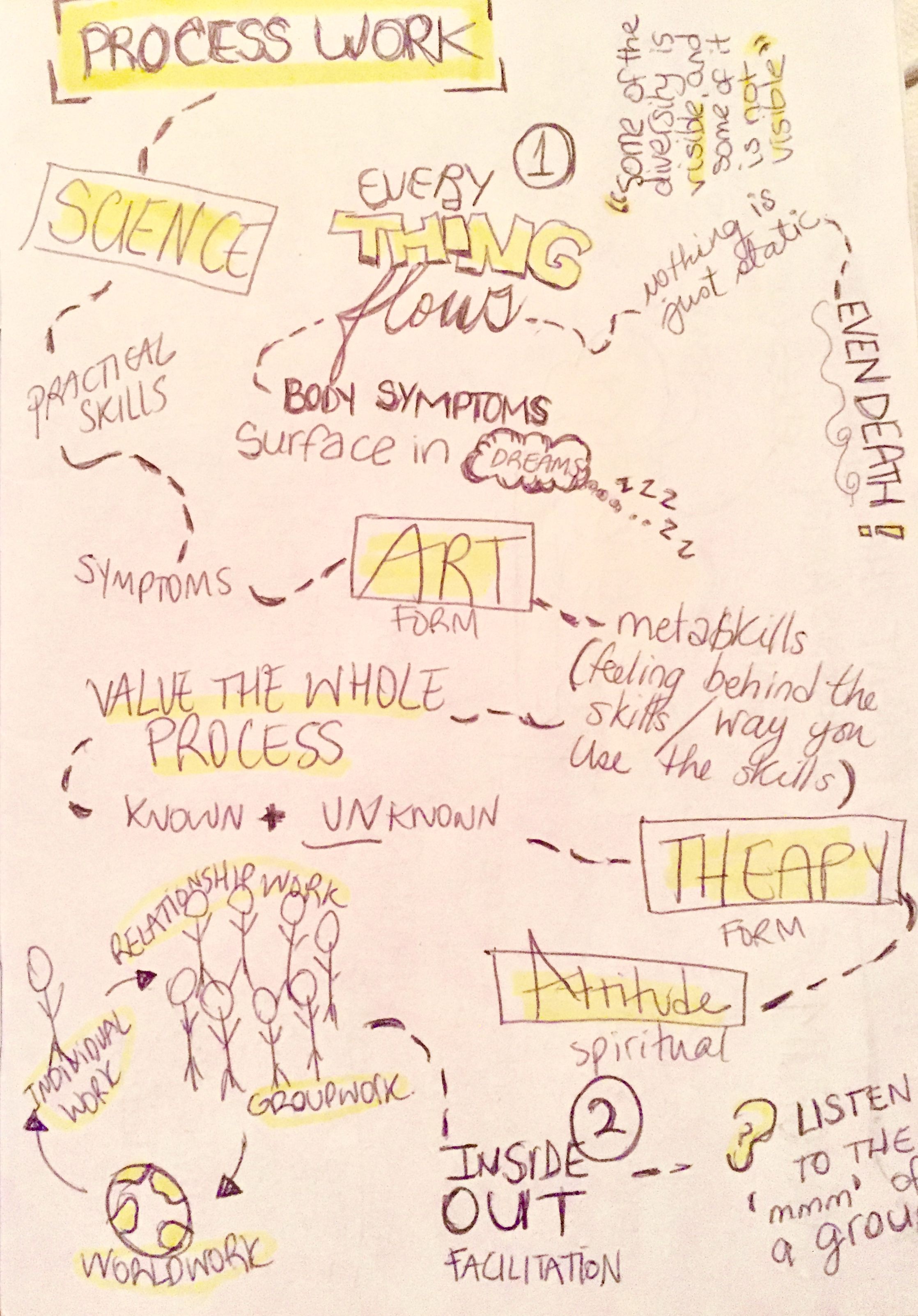 A visual harvest I put together in my notes, of what captures the essence of Processwork, from early introduction classes (this by no means is a comprehensive capture).