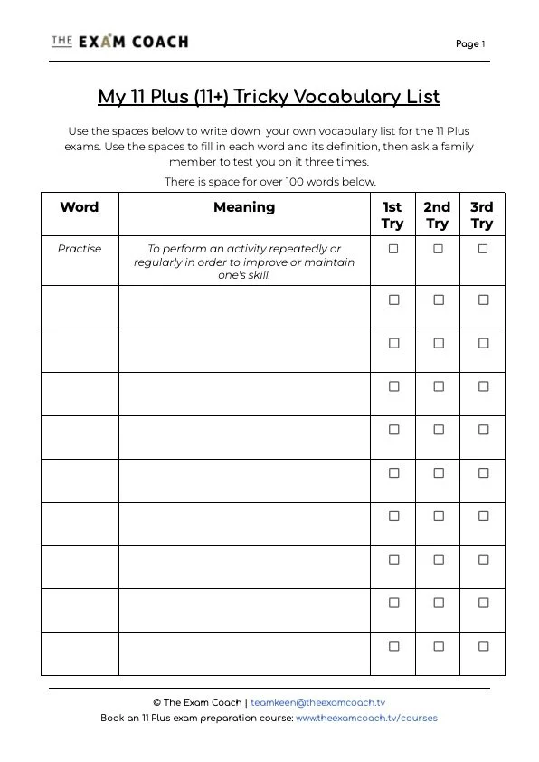 My Exam Coach 11 Plus (11+) Tricky Vocabulary List | The Exam Coach