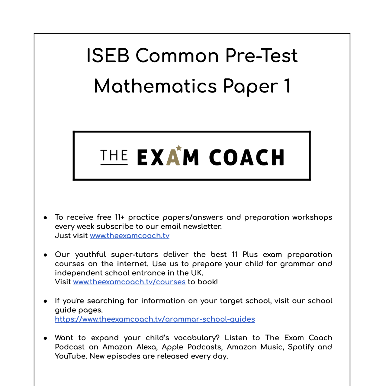 ISEB Common Pre-Test Maths Past Paper