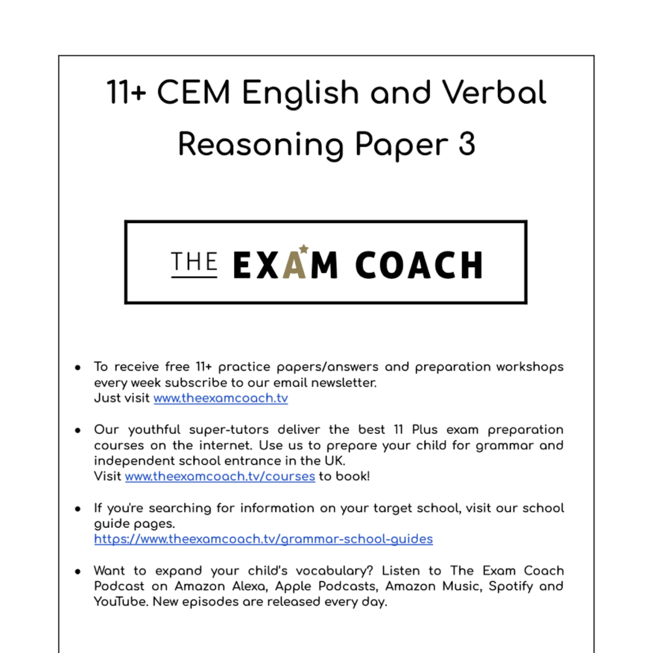 CEM English Verbal reasoning  Mock Exam