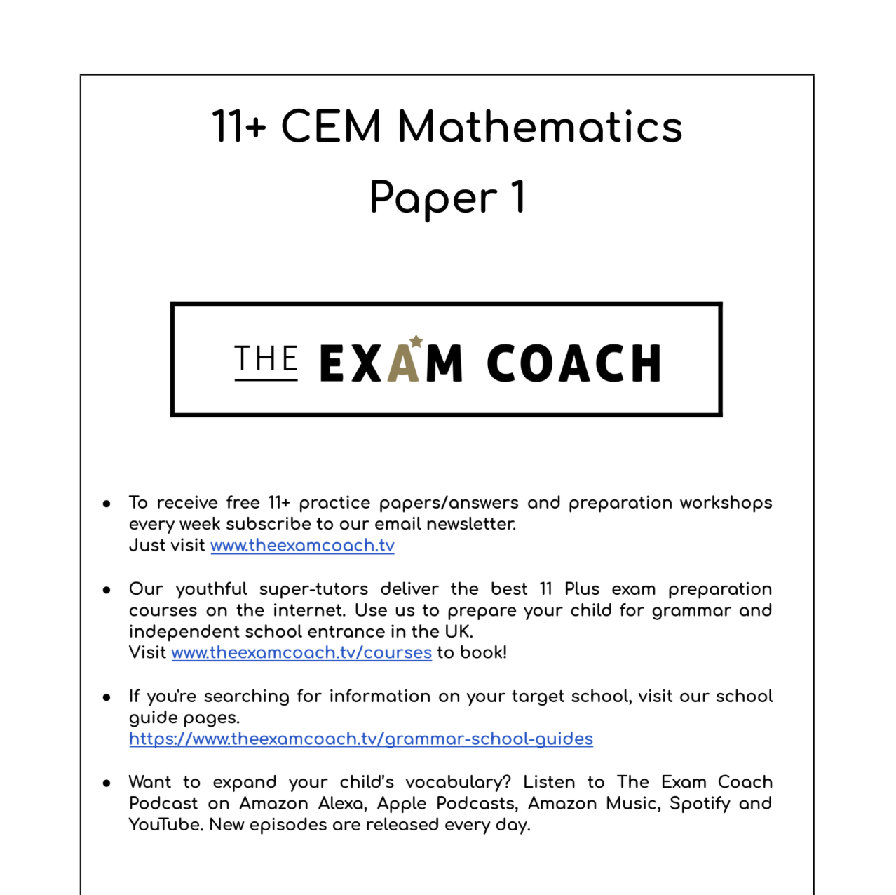 CEM Mathematics  Mock Exam