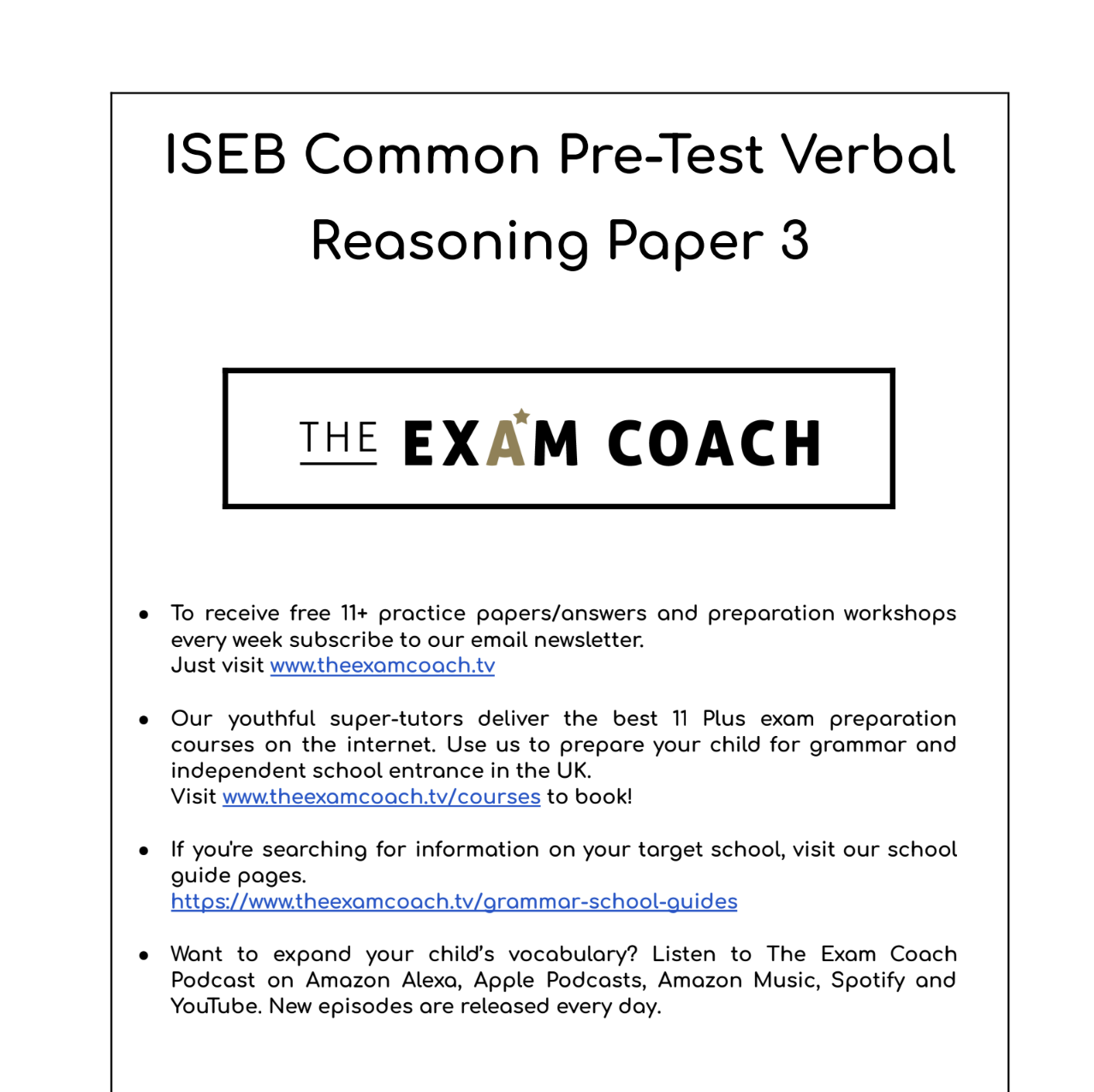 ISEB 11+ common pre-test verbal reasoning paper