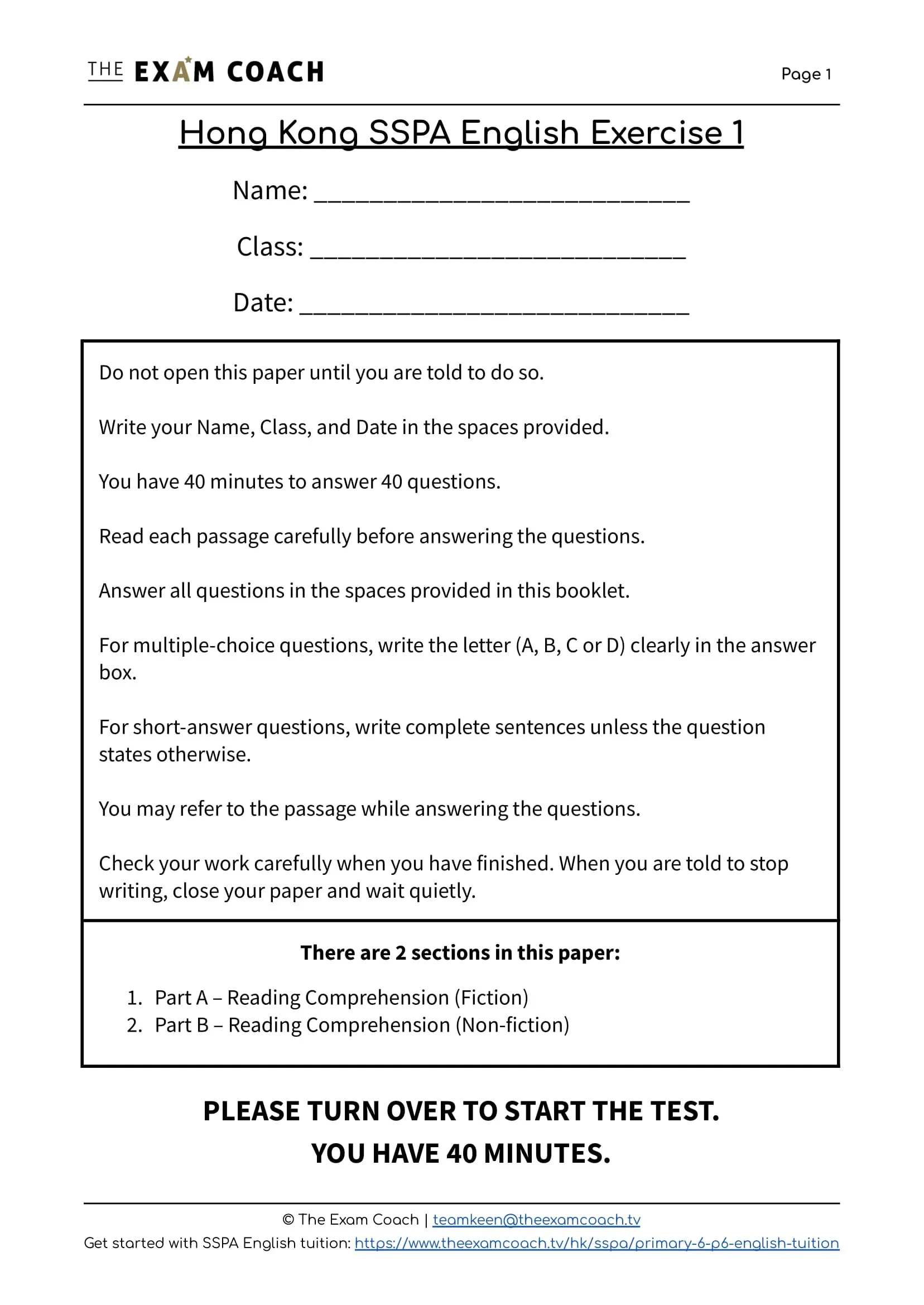 Free Primary 6 (P6) English Reading Exercise – PDF Download | The Exam ...