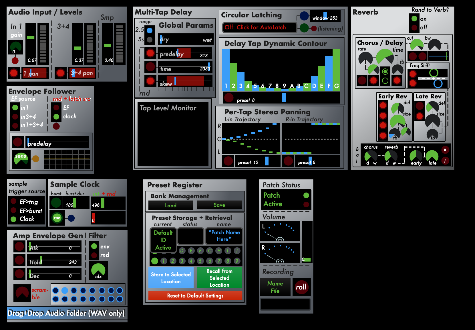 Screen shot of Multi-Delay + Latching Glitch Processor, designed by Ryan Gaston.