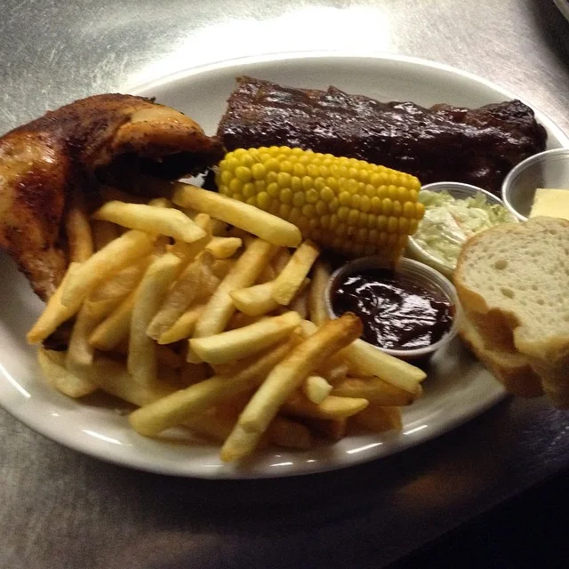 BBQ ribs & Chicken combo platter!!! #yum #chicago #motherhubbards #food #yum #ribs #fries #corn #chicken #bbq