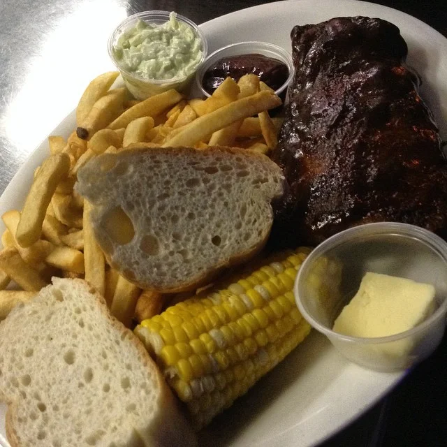 Half slab 3/4 pounds #ribs #corn #bread #butter #coleslaw #fries #motherhubbards #chicago #il #sport #pub