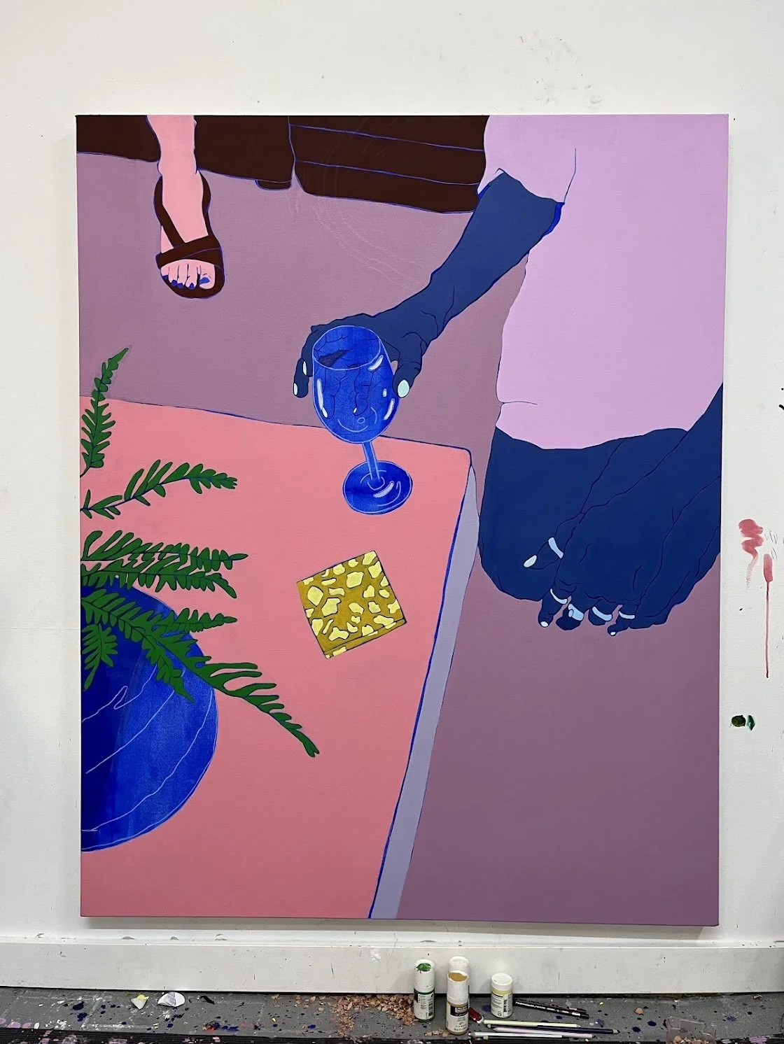 (Untitled) After Dinner, 2024, Acrylic, oil, oil pastel, 48x60”