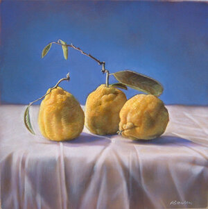 Still LIfe with Three Lemons and Blue Wall