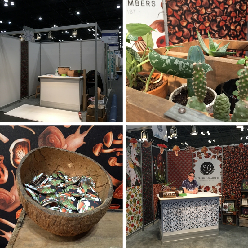 Top left: Empty booth, Top right: Some plants brought from home to be part of the booth. Bottom left: Promotional buttons, Bottom right: Me at the booth.
