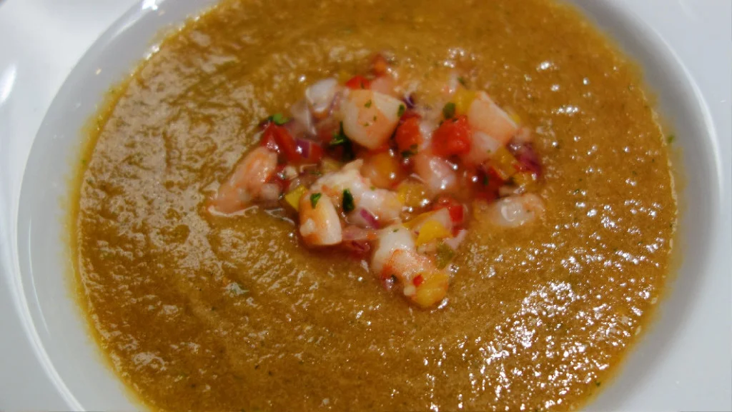 Heirloom Tomato Gazpacho with Shrimp Salsa