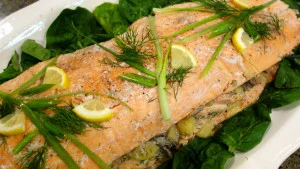 Salmon Stuffed with Potatoes, Mushrooms &amp; Dill