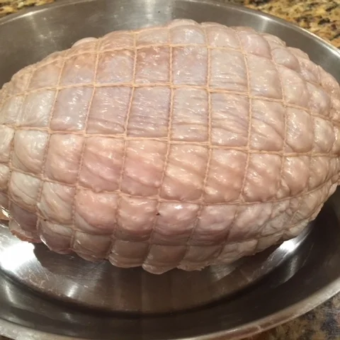 This is a whole turkey breast boned and rolled weighing 6 pounds. Whole Foods rolled and tied it for me at no extra charge. .