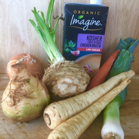 Use any type of broth you want. Rutabaga is on the left, celery root (or celeriac) in front of soup and behind parsnips. 