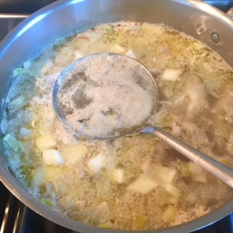 To keep the broth from being cloudy, skim the scum (denatured protein) from the top. The more you remove, the clearer your broth will be. 