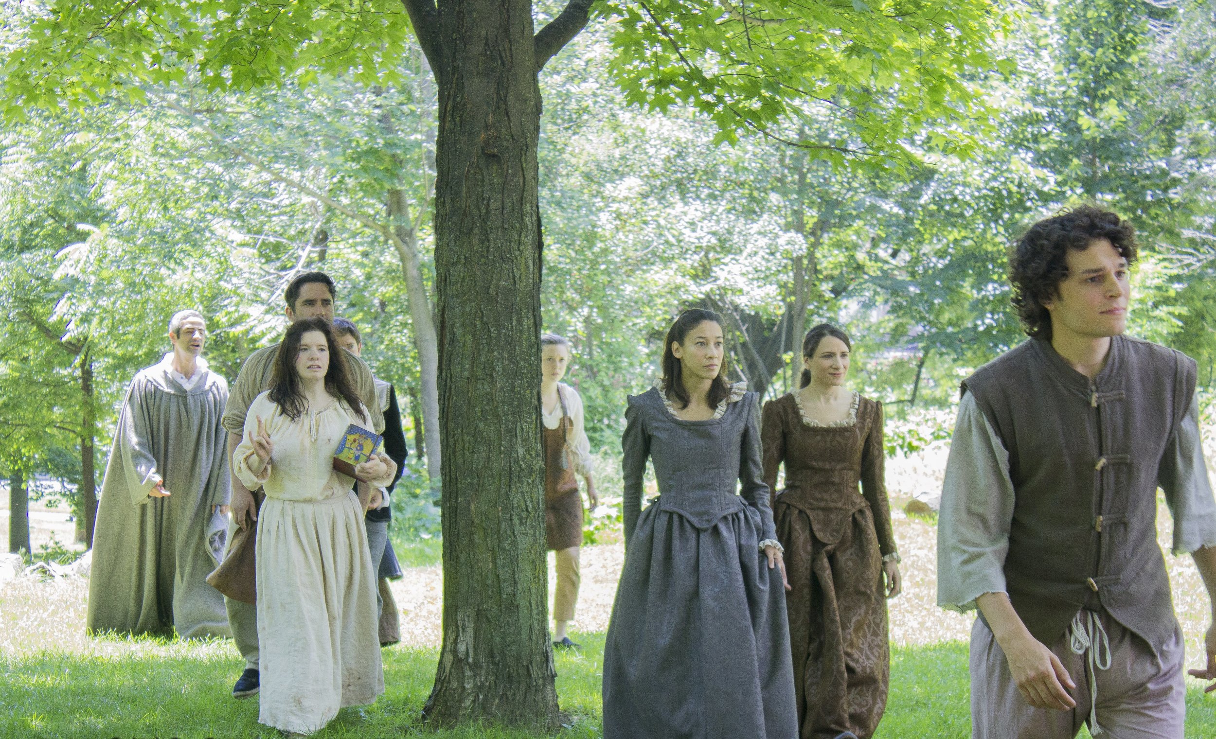  Members of the Passion Play Cast entering Withrow Park: (L-R) Sam Kalilieh, Jordan Pettle, Thrasso Petras, Amy Keating, Katherine Cullen, Julie Tepperman, Mayko Nguyen, and Andrew Kushnir 