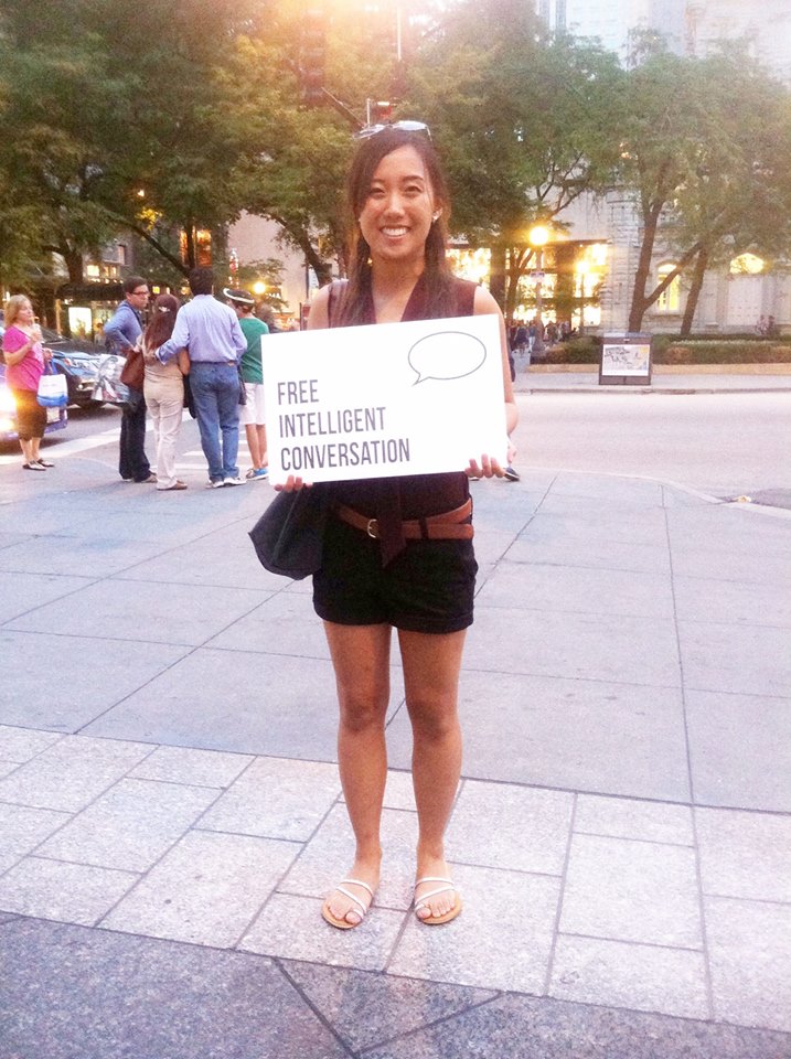 I joined the Free Intelligent Conversation group in downtown Chicago this evening. Promoting face to face conversations by holding this sign and letting anyone come to talk to you about whatever they want. I gained and learned so much from strangers today. Thank you Chicago! Join the movement! Everyone is capable of having an "intelligent conversation". Arah Cho Chicago, IL