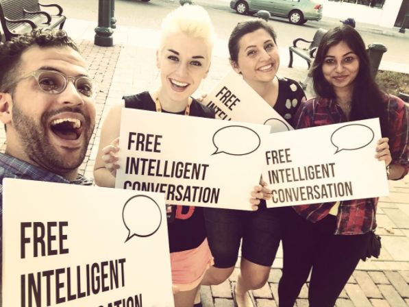 I first heard about Free Intelligent Conversation when it was just getting started and to be honest I was skeptical. I didn’t think that anyone would stop to talk to people holding signs and I imagined the sign-holders suffering a lot of abuse at the hands of strangers. But after I saw FreeIC in action, and heard about some of the conversations secondhand, I couldn’t wait to get involved. Having conversations in downtown Chicago was such a positive experience for me that when I moved to California I started doing FreeIC every week. I got to start new friendships, I was exposed to new concepts, and I learned so much more about…everything. Now I’ve moved again and I’m excited to do some FreeIC in New York City too. Because if there’s one thing FreeIC has taught me it’s this: there is no better way to learn about your neighbors, your community, your city, your world, yourself, than by spending time in intelligent conversation with a new person. Kyle Dever Manhattan, NY