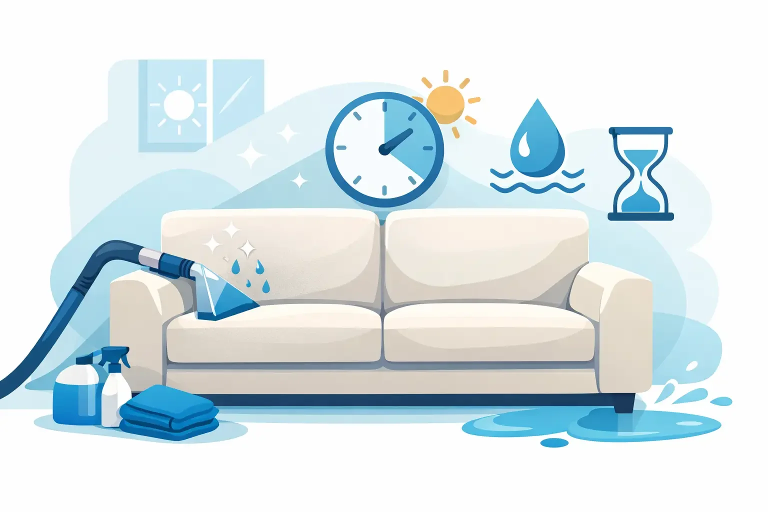 A cleaning vacuum cleaner is spilling water onto a beige couch, with cleaning supplies nearby. The background features a window with sunlight, a clock showing approximately 1:07, a water droplet, a sun, and an hourglass.
