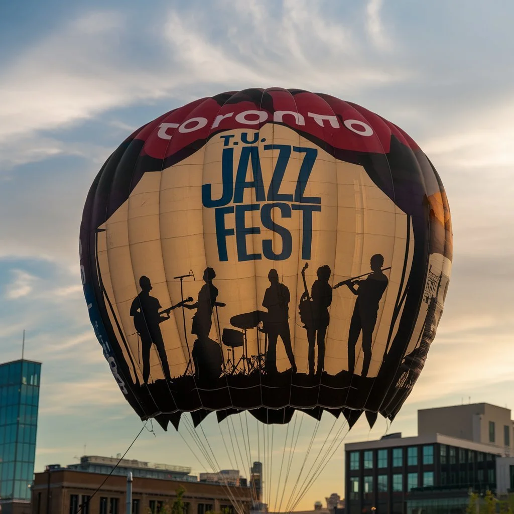 A hot air balloon featuring a Jazz Festival advertisement with silhouettes of a band playing instruments against a cityscape at sunset.