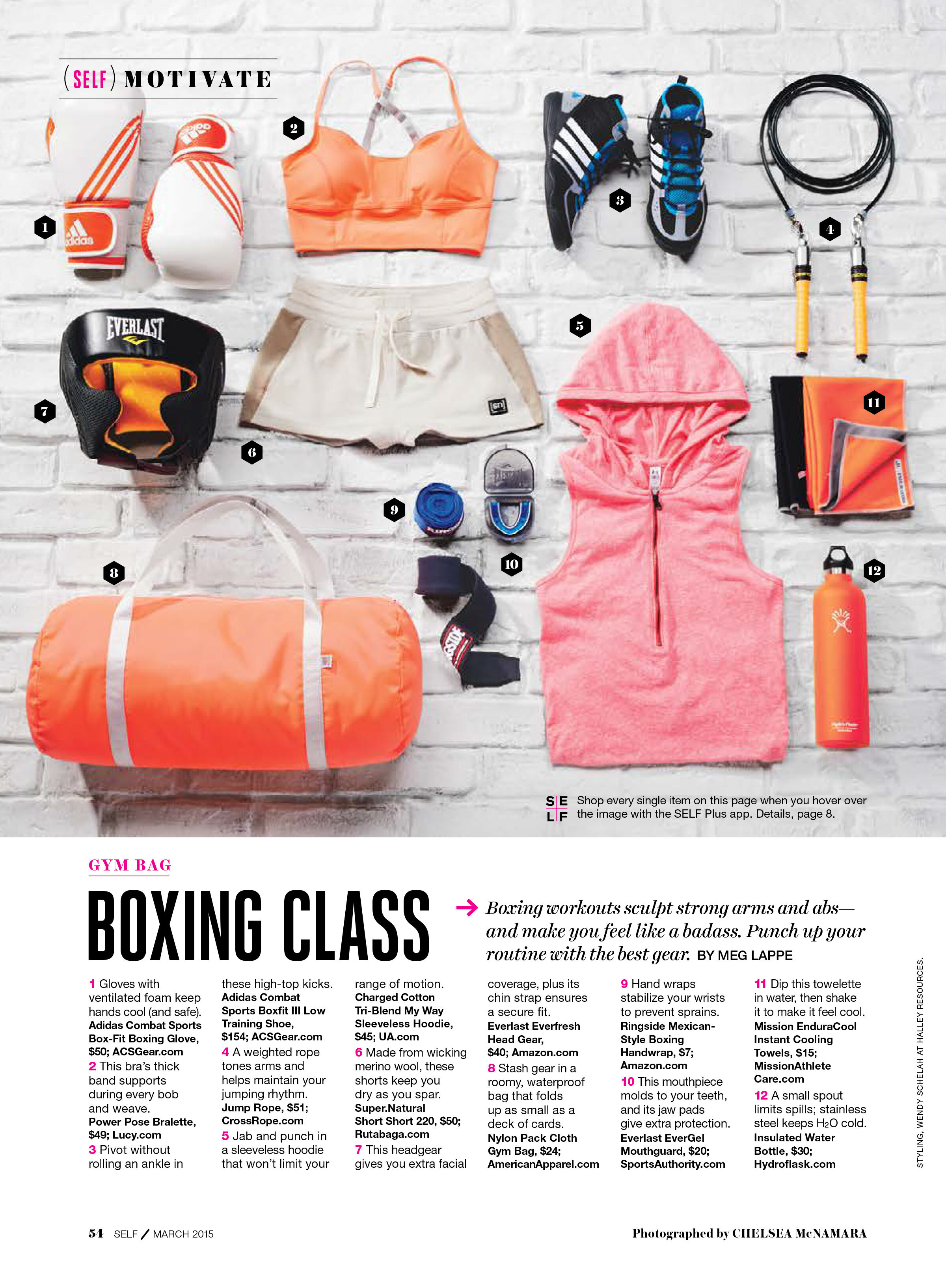   Themed gym bag series for  SELF .   Photography:   Chelsea McNamara ;  prop styling:  Wendy Schelah.  