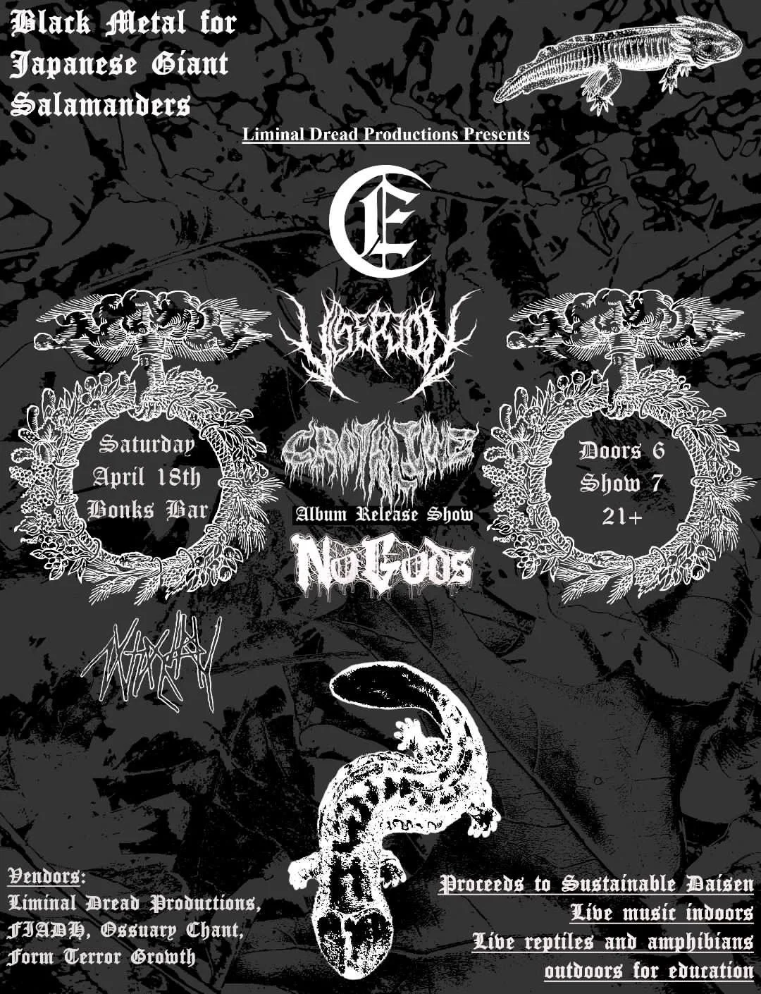 An amazing gesture from people I&rsquo;ve never met.

Some really kind people in Philadelphia are raising funds for Sustainable Daisen&rsquo;s Japanese Giant Salamander conservation work by donating proceeds from a Black Metal album release show. Alo