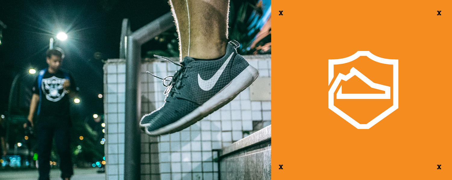The mark incorporates a shield that encompasses a shoe with thick lines to represent the products purpose. 