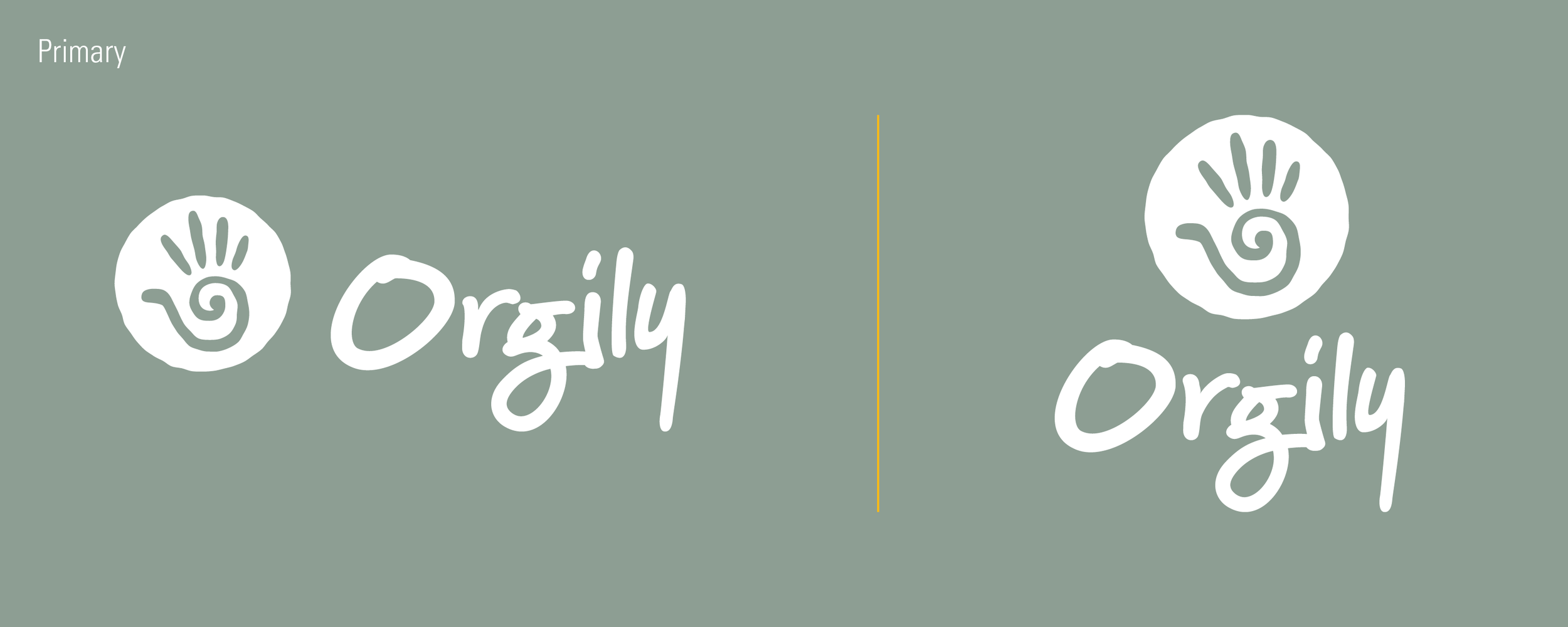 The Orgily logo has flexibility for easy placement in tight printing areas. It can be used in a knocked out stamp or in a silhouette. These variations are handy when the print needs to hold up to color and remain legible at a small scale.