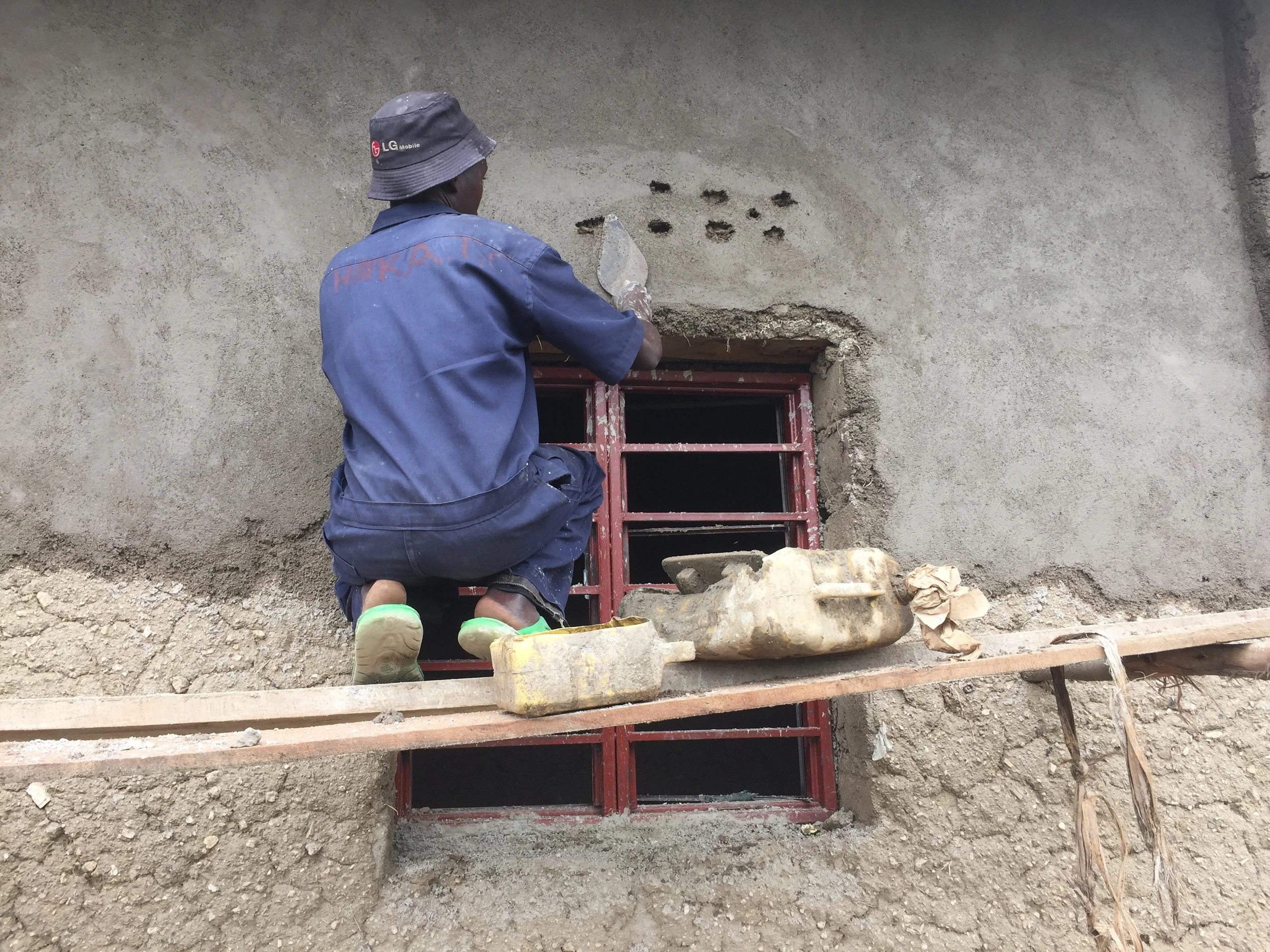 The outside is being plastered