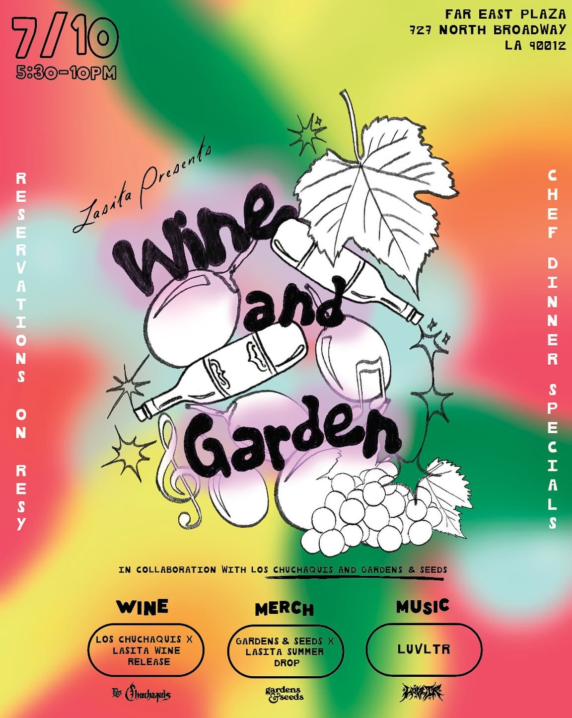 Join us for our Wine and Garden wine &amp; merch launch on 7/10 🍷&thinsp;

A celebration of community and creation&mdash;featuring the official release of our Los Chuchaquis x Lasita wine and a brand new Gardens &amp; Seeds x Lasita summer merch dro