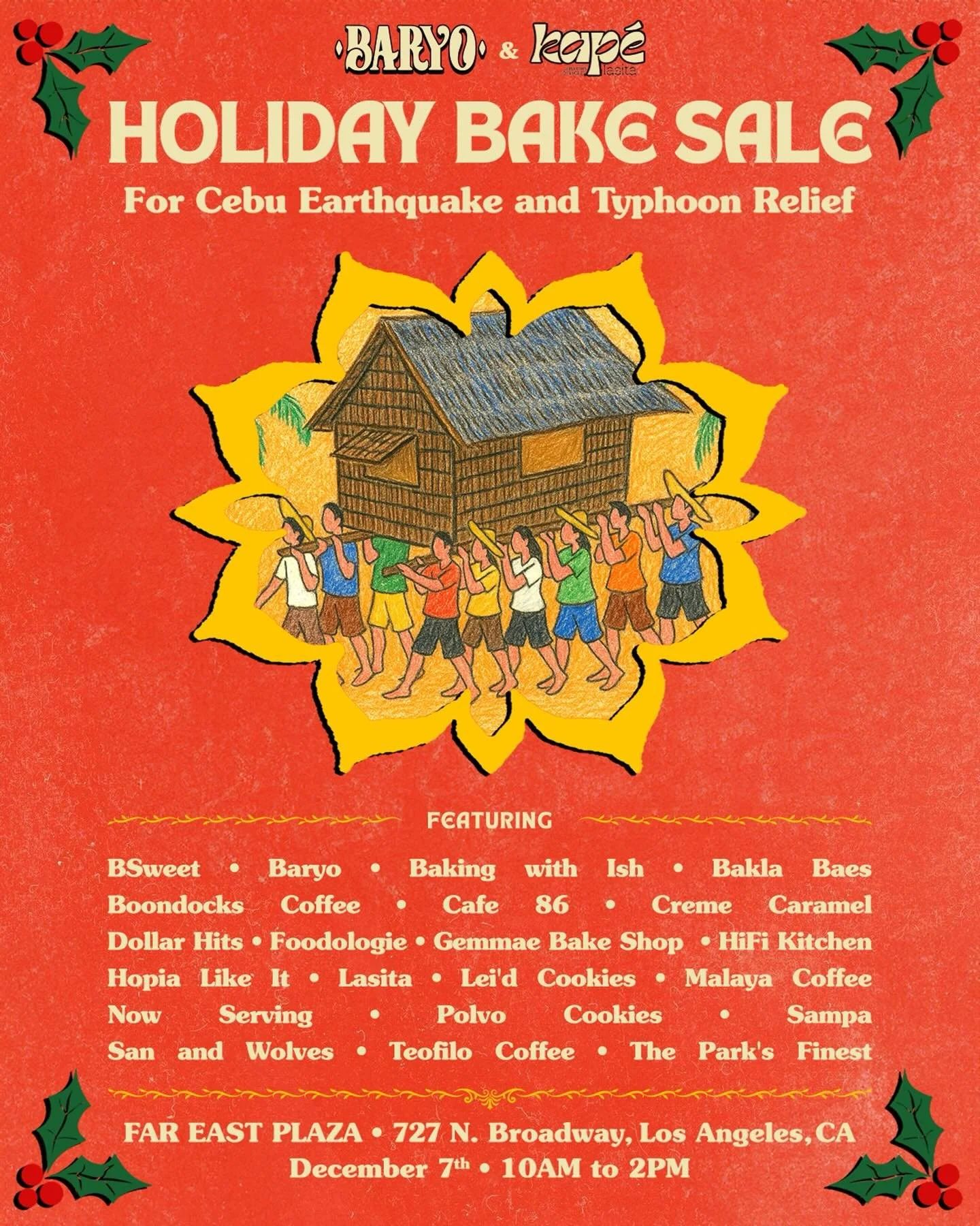 This Sunday, Dec 7th, we&rsquo;re hosting a holiday bake sale with our friends @baryoent at Kap&eacute;!
All proceeds from the bake sale&nbsp;will go directly to families in Cebu impacted by last month&rsquo;s earthquake and typhoon.

Grab your baked