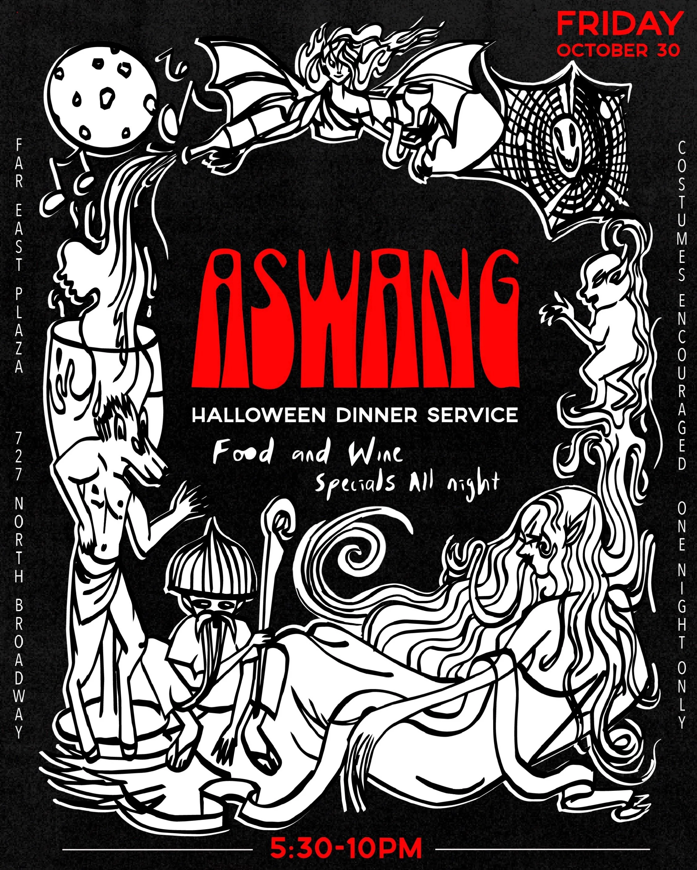 Trick or Freak 🎃👠

Calling all ghouls, goblins, shapeshifters and sirens 🦇🧝🏽&zwj;♀️👹🧛🏻&zwj;♀️🧜&zwj;♀️

10/30 is ASWANG, our Halloween dinner service! We&rsquo;ll be costume&rsquo;d up and serving spooky food and wine specials alongside our r