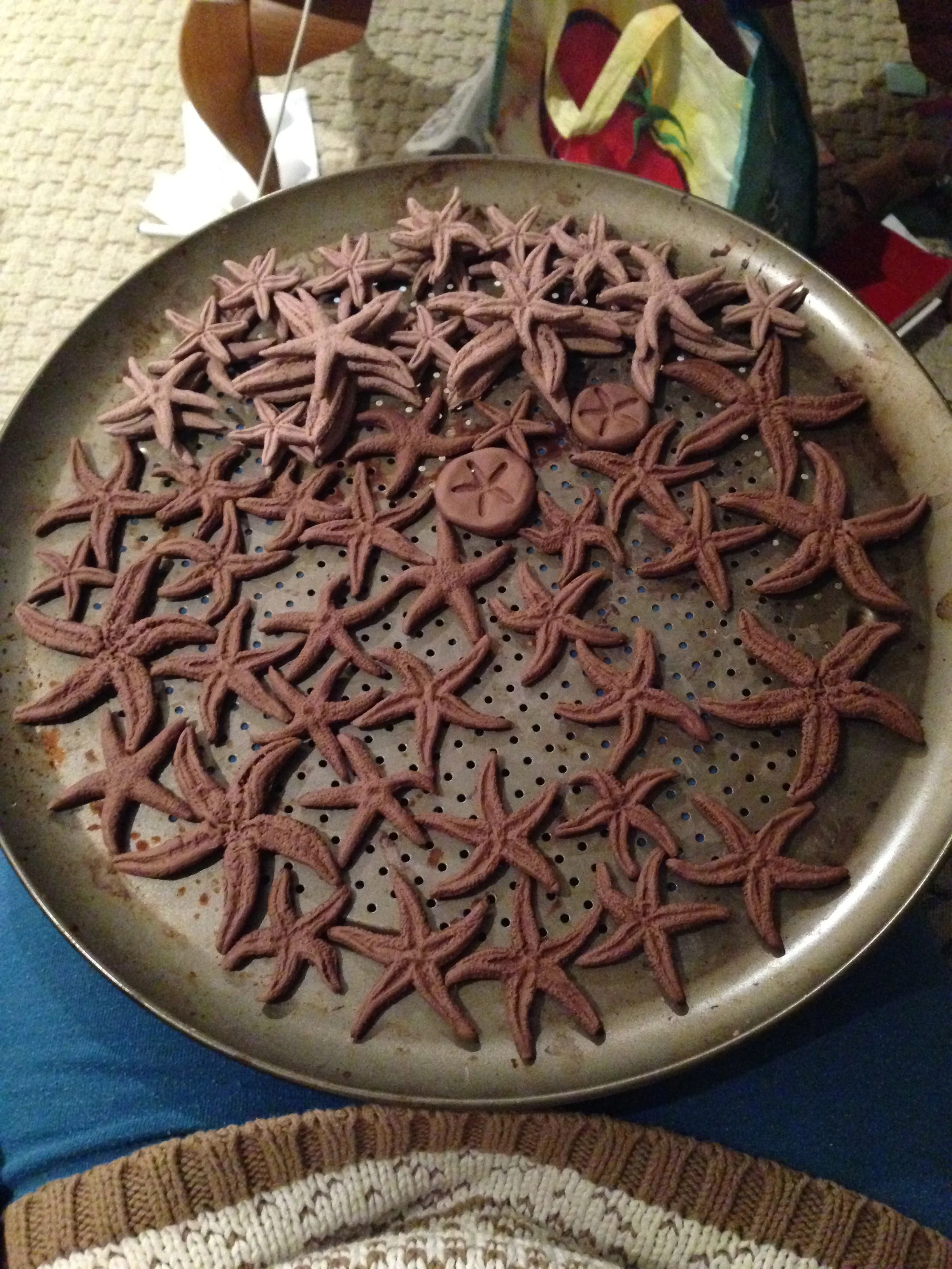 Sarah stores clay on cookie sheets in her oven so that the dogs don't get at them before they're fired!