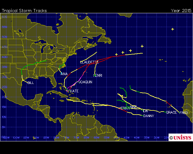 Tropical storm/hurricane tracks for 2015 in the Atlantic Basin; map courtesy Unisys Weather