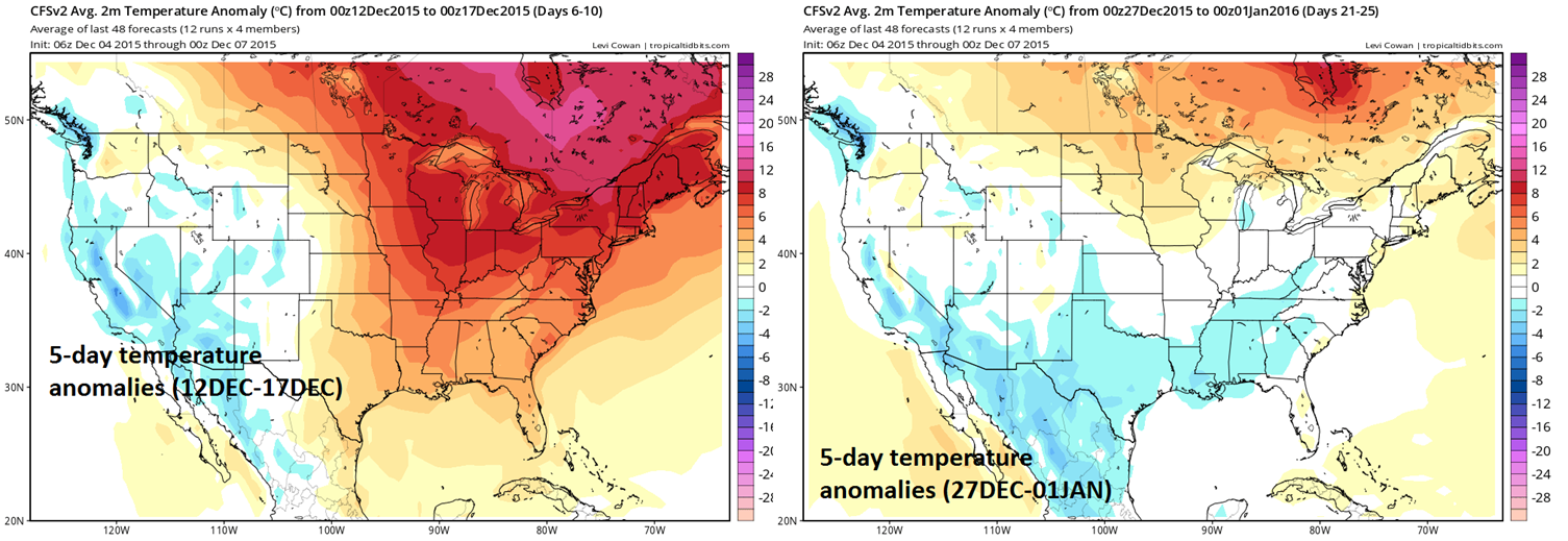 5-day temperature anomaly forecasts (12Dec-17 Dec - left; 27Dec-01Jan - right)