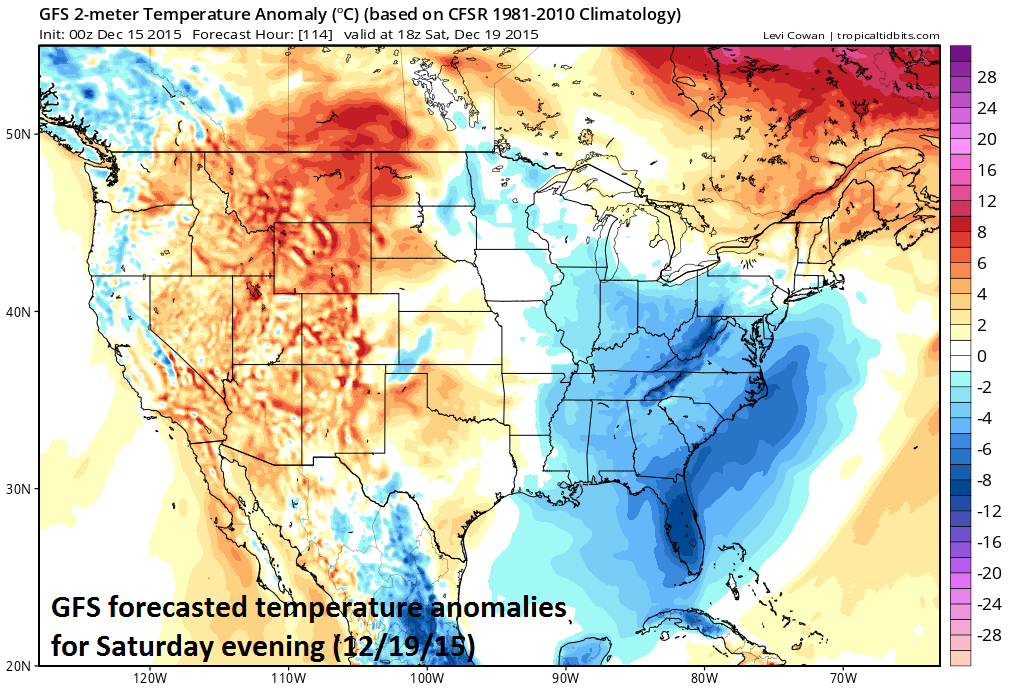 Temperature anomalies for Saturday evening; courtesy tropicaltidbits.com