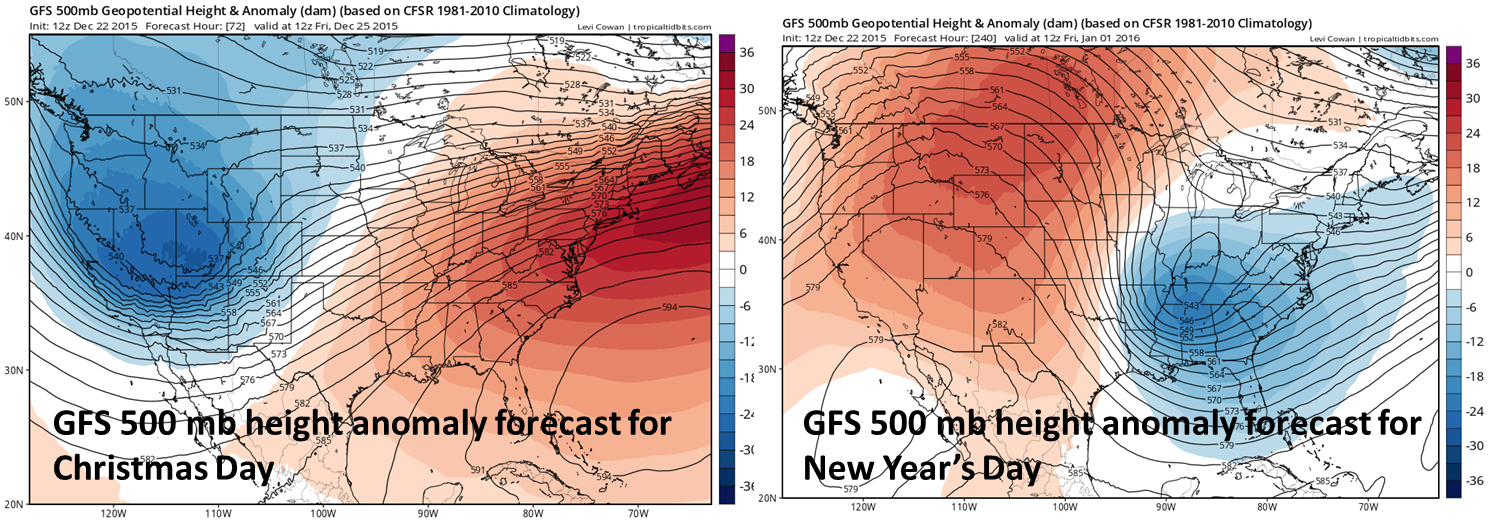 12Z GFS 500 millibar height anomaly forecast for Christmas Day and New Year's Day