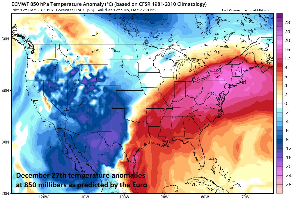 Lower atmosphere temperature anomalies for Sunday, December 27th; courtesy tropicaltidbits.com