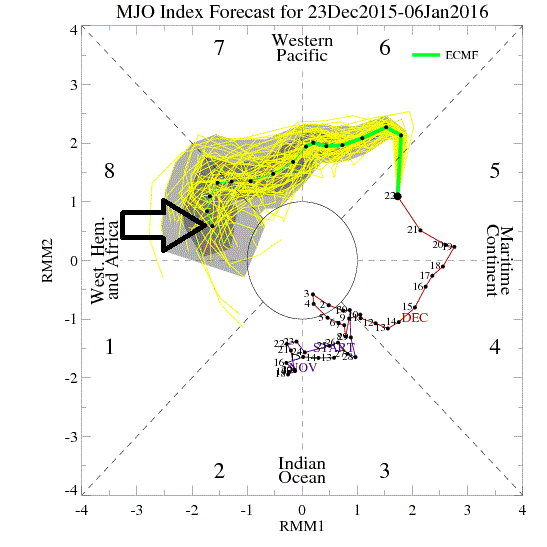 Euro model forecast of the MJO index between now and January 6th, 2016