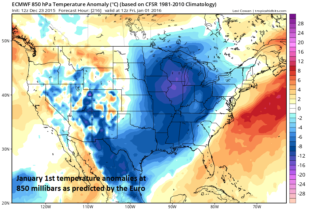 Lower atmosphere temperature anomalies for Friday, January 1st; courtesy tropicaltidbits.com